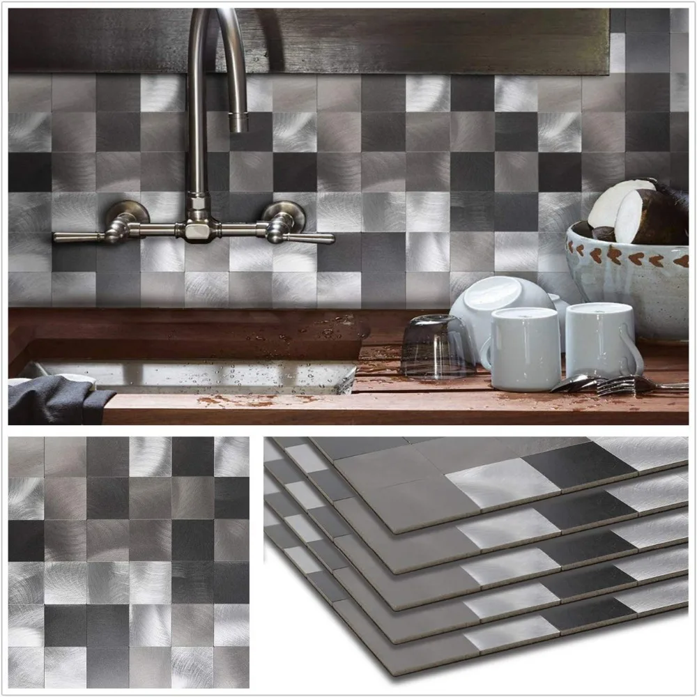 

Fast Shipping 5 Pieces Peel and Stick Metal Mosaic Wall Tiles for Bathroom 12 Inch Insulation Nordic Gray Kitchen Wall Stickers
