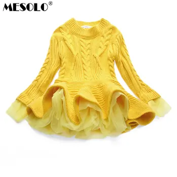 

MESOLO 2018 new girls dress sweater gauze long-sleeved children's clothing autumn and winter new red purple 3-7 years old