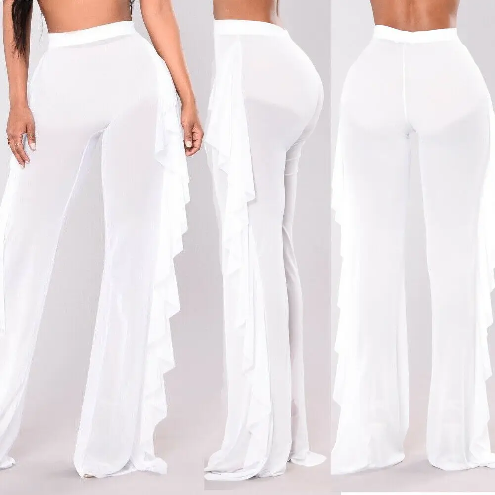 New Sexy Ruffle Women Beach Mesh Pants Sheer Wide Leg Pants Transparent See through Sea Holiday Cover Up Bikini Trouser black leggings Leggings