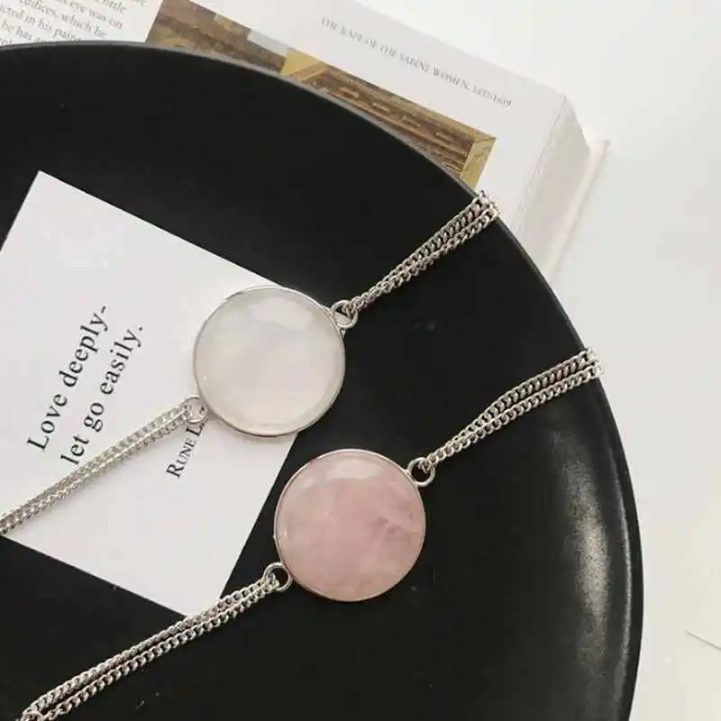 Ruifan розовый/белый персонализированный большой круглый натуральный кристалл браслеты для женщин 925 Серебряный браслет для женщин массивные ювелирные изделия YBR093