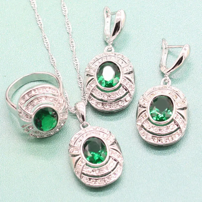 

EIOLZJ Green Semi-precious Stone Sterling Silver 925 Jewelry Sets For Women Necklace Ring Dangle Earrings Free Jewelry Box