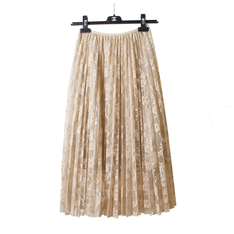 

2017 spring and autumn lace hook flower skirt pleated petticoat medium long underskirt elastic waist all match basic half slip