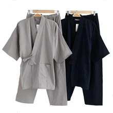 Men's Cotton Kimono Sleepwear Set New Style 2Pcs Robe&Pants Home Wear Long Loose Pajamas Suit Solid Nightwear With Pocket Men's Cotton Kimono Sleepwear Set New Style 2Pcs Robe&Pants Home Wear Long Loose Pajamas Suit Solid Nightwear With Pocket