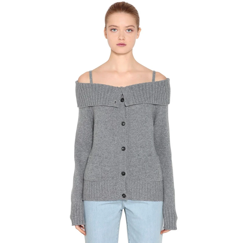 Grey long sleeve fold over collar off the shoulder sweaters women