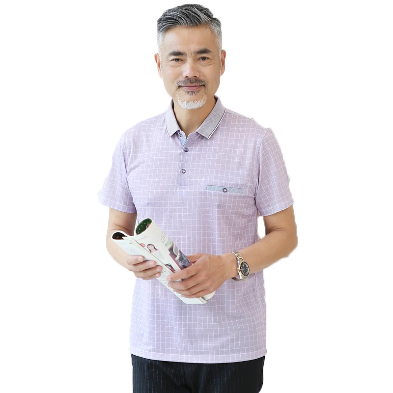 

Middle Aged Men Summer Shirts Male Business Casual Top Light Blue Grey Red Small Plaid Pattern Shirt For Mature Man Father wear