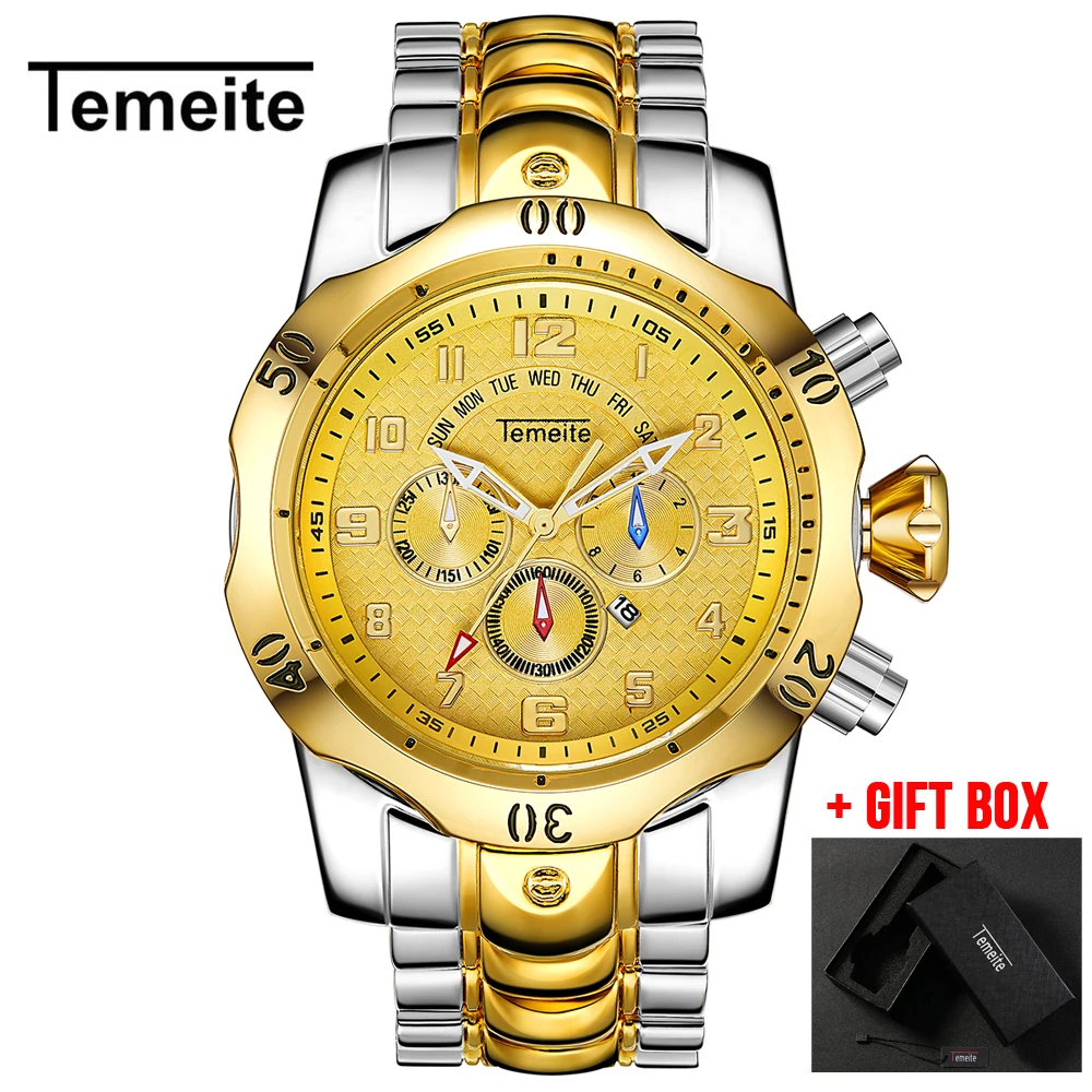 Relogio Dourado Masculino de luxo кварцевые часы TEMEITE часы Мужские лучший бренд Роскошные модные деловые наручные часы - Цвет: Temeite 8 with box