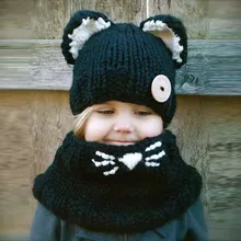 Scarf & Hat sets For kids clothing Kitty Shawl hat Girls Autumn And Winter Wool knit cap Baby bib Chlidren Warm sets