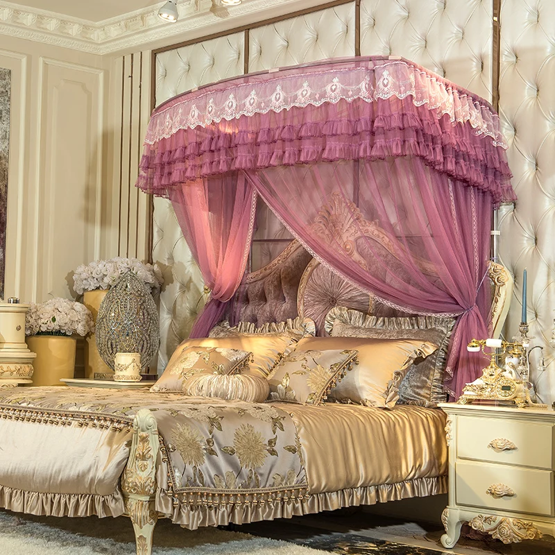 

Romantic luxury Lace U type Palace style Guide rail mosquito net three open door telescopic mosquito net 1.5m 1.8m 2m bed