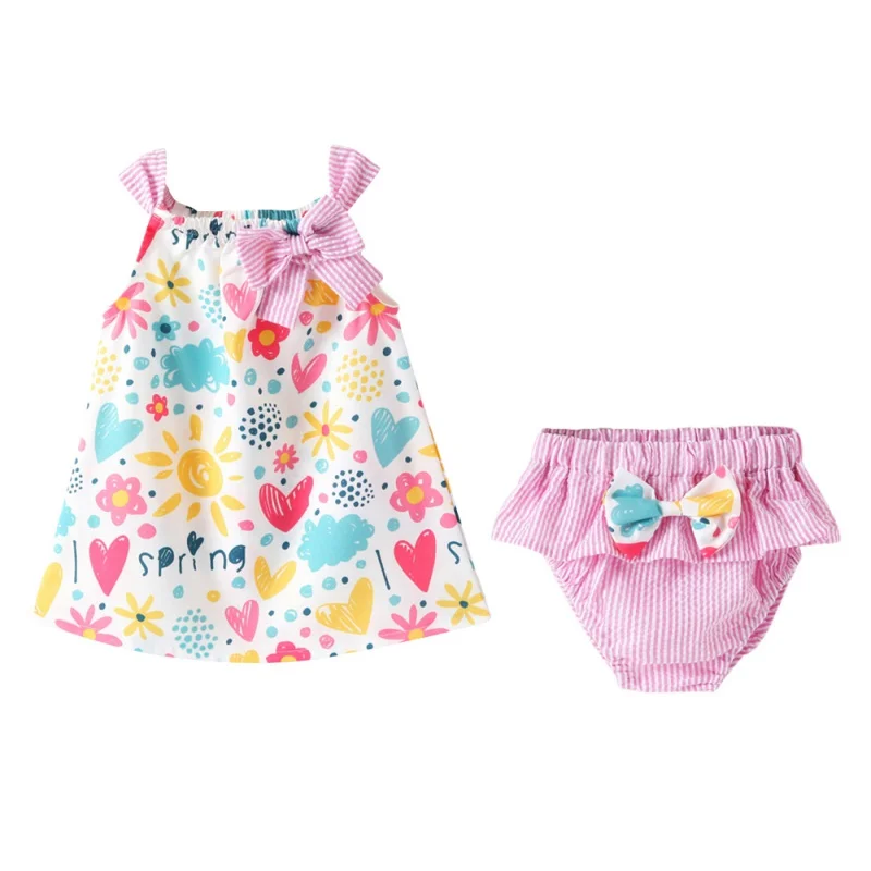 

Baby Girls Clothes suit Spring and summer sleeveless cotton print girls vest skirt + striped pp pants