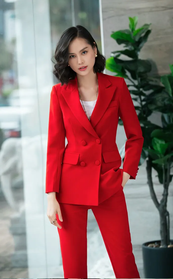 New Office Work Blazer Suits Of High Quality OL Women Pants Suit Blazers Jackets With Trouser Two Pieces Set Red Pink Blue