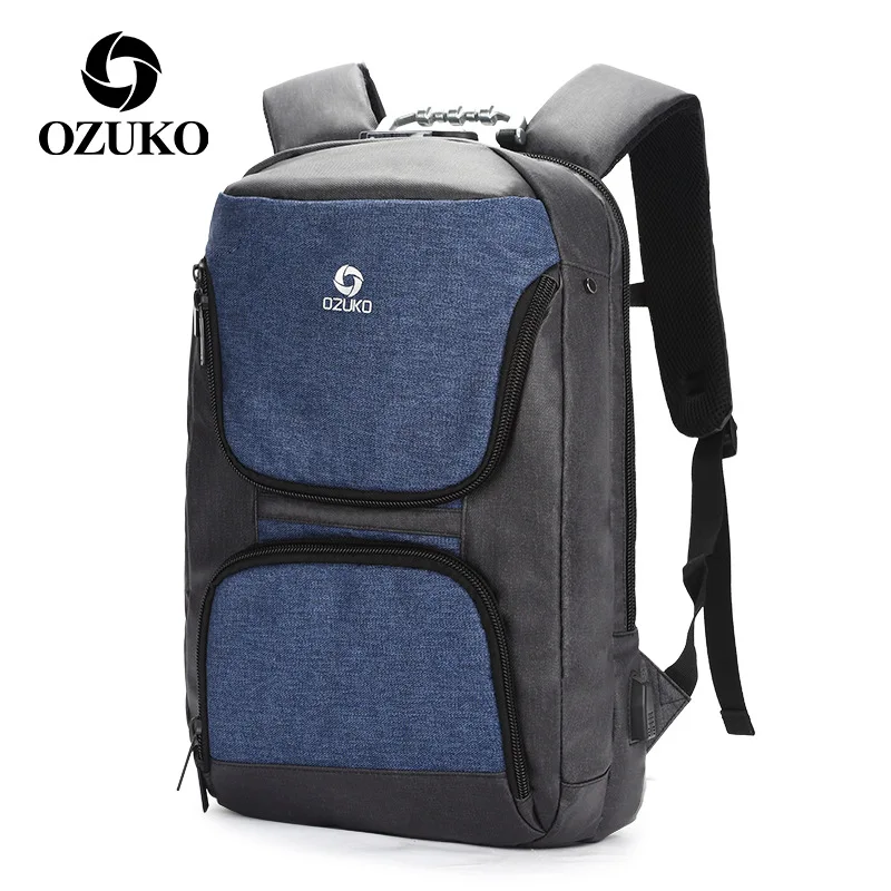 OZUKO мужской рюкзак с замком на молнии водонепроницаемые школьные сумки USB рюкзаки для ноутбука Многофункциональные Анти-Вор дорожные рюкзаки