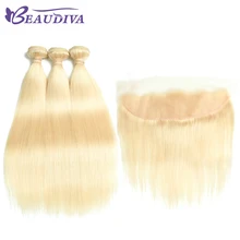 Beaudiva Malaysian Virgin Hair Straight With Closure 100% Human Hair 3 Bundles With 13×4 Lace Frontal 613 Blonde Hair