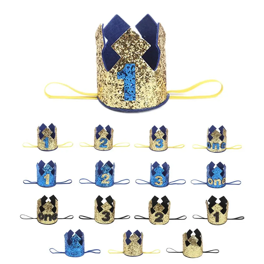 Мальчик Синий Золотой первый праздничный колпак блеск девушка золото розовая корона для принцессы номер 1st От 2 до 3 лет вечерние Baby Shower Декор повязка на голову