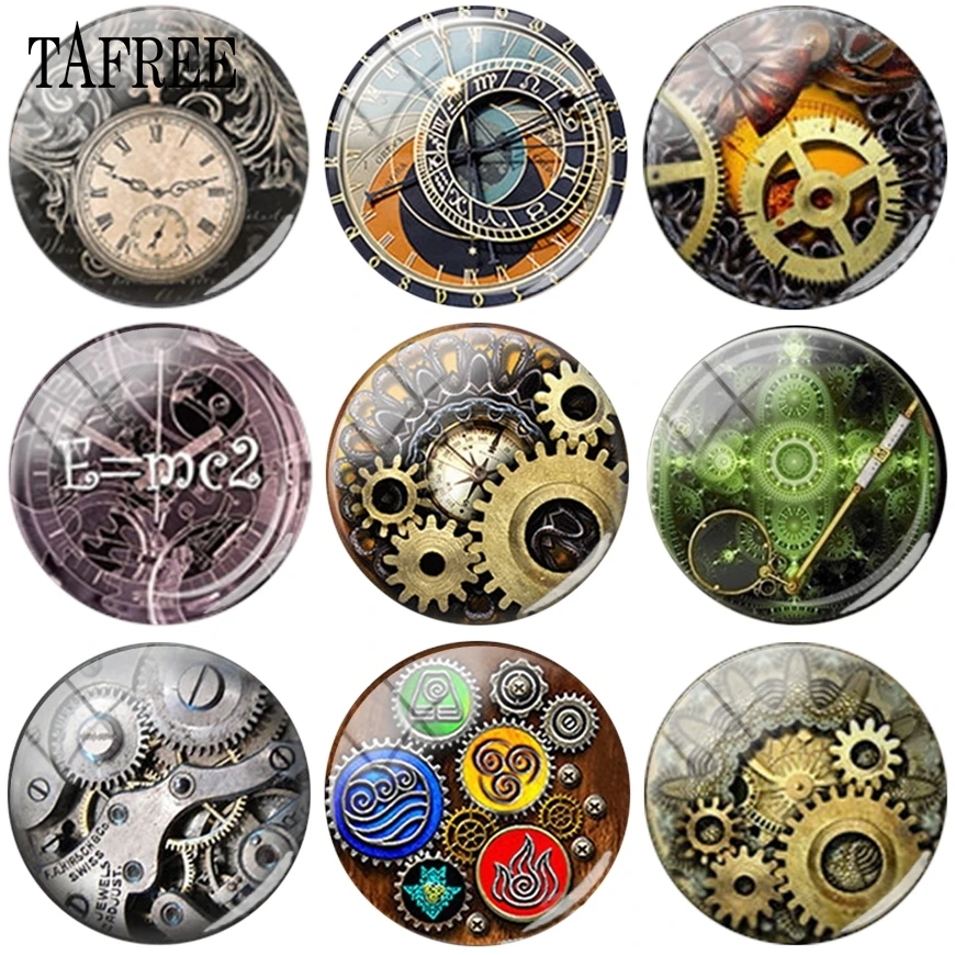 

TAFREE Mechanical Gear Pictures Round Flat Back Beads 25mm Glass Cabochon DIY Accessories
