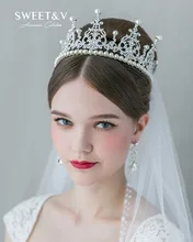 SWEETV Vintage Pearl Bridal Hair Accessories Rhinestone Crown Cake Topper Wedding Tiara Pageant Headpieces Women Head Pieces