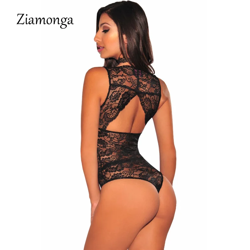Ziamonga сексуальный костюм в обтяжку женский комбинезон полный кружевной Цельный боди полые Топы без рукавов эластичные комбинезоны Shor
