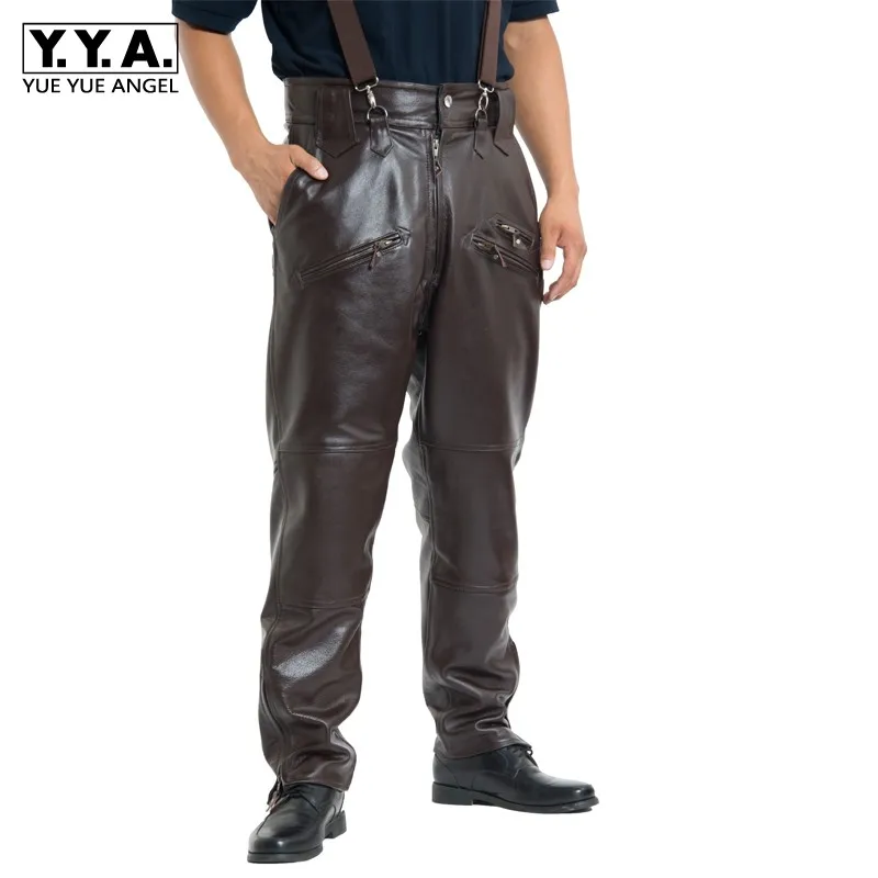 

Winter Windproof Mens Cowhide Genuine Leather Pants Warm Cotton Lining Cycling Motorycle Leather Trousers High Waist Loose Pants