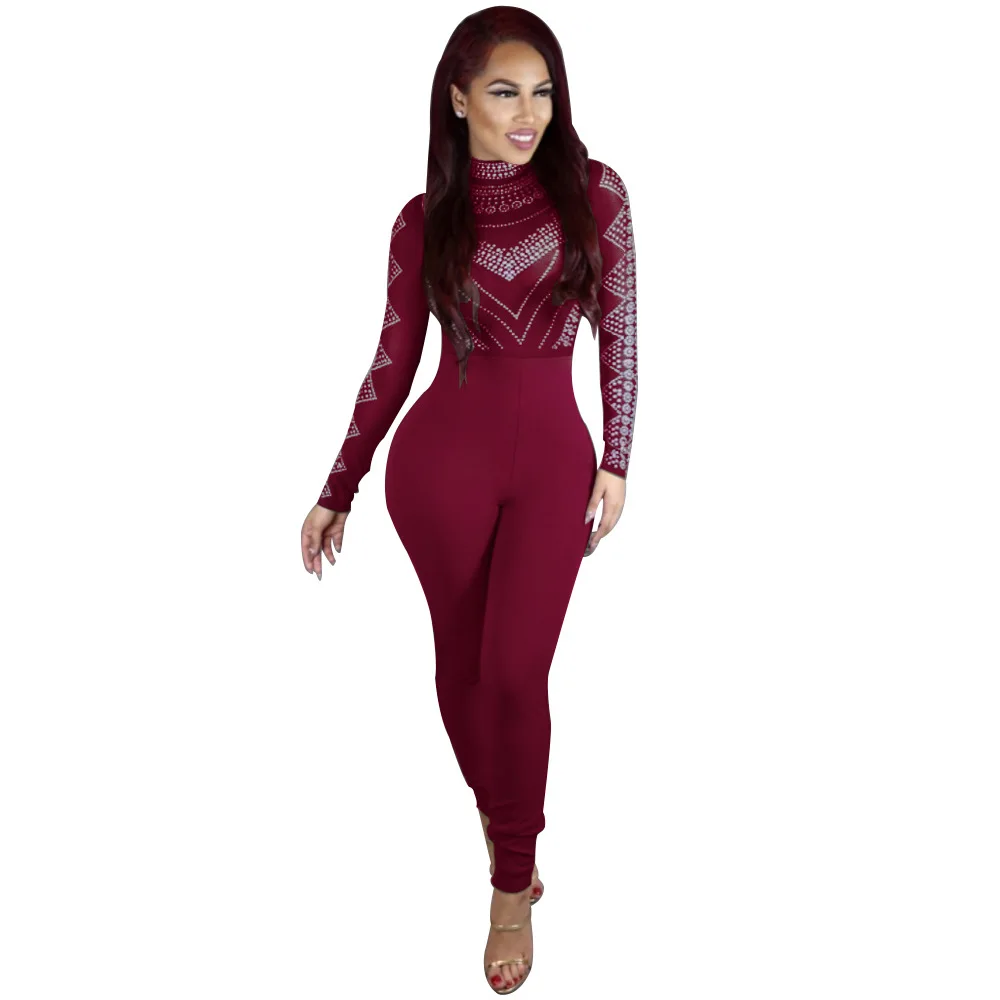 Women Turtleneck Printed Jumpsuits Long Sleeve One Piece Rompers Lady