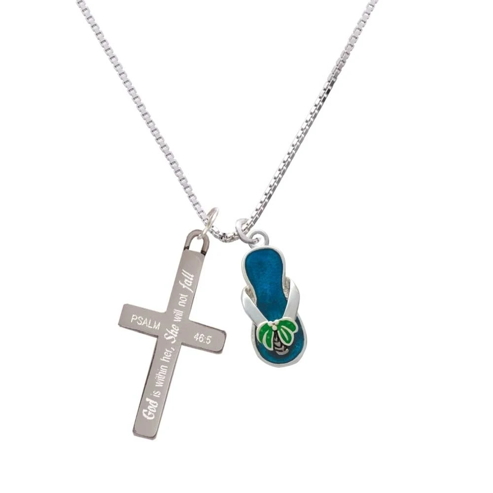 Tropical Blue Flip Flop with Palm Tree - She will not Fall - Cross Necklace