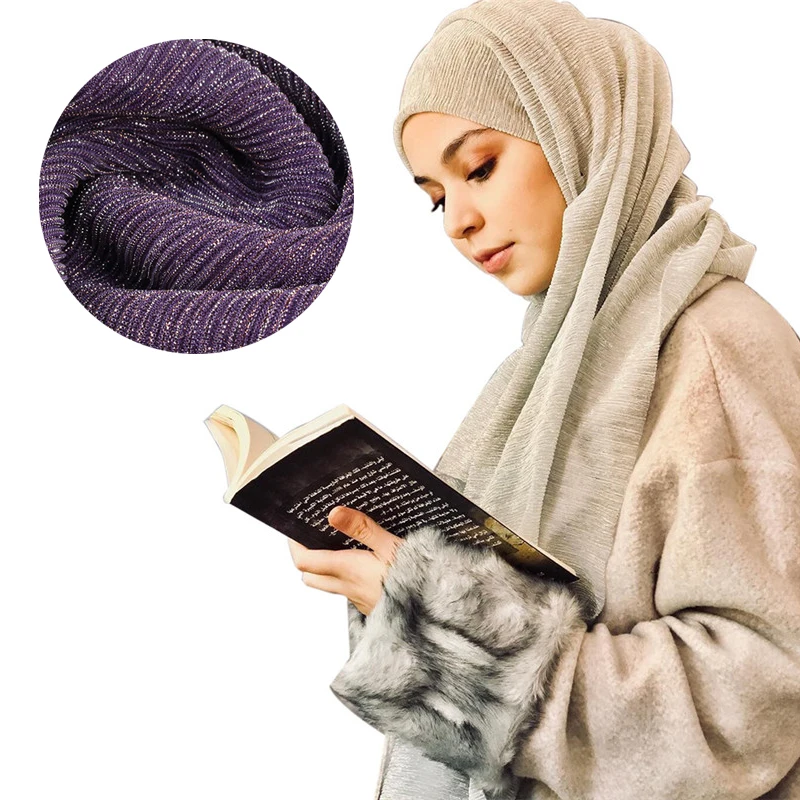 

2019 Arab Headwear Crinkled hijab Under Scarf Gold Silver Wire Muslim Female shawl and wrap Turban Full Cover Cap Head Scarves