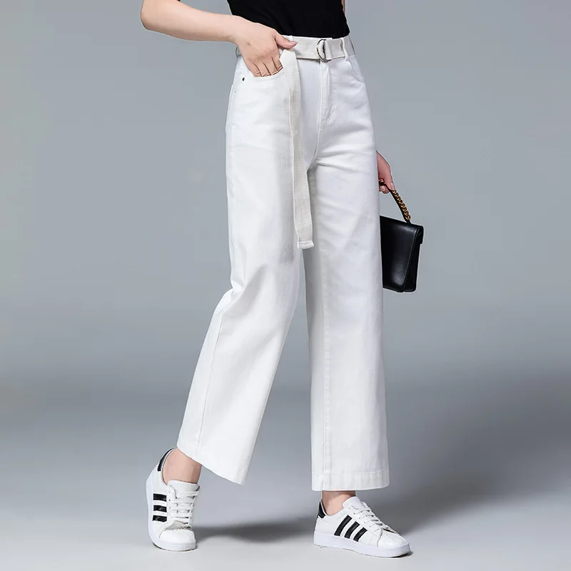 female summer fashion High waist white Straight jeans