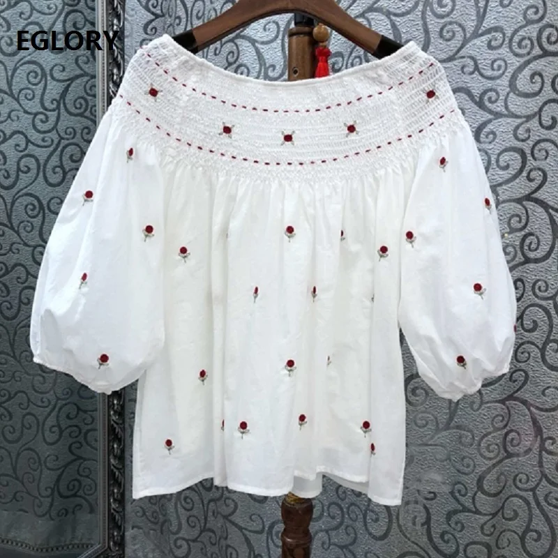 

100%Cotton Blouse 2019 Summer Fashion White Black Tops Women Exquisite Embroidery 3/4 Sleeve Casual Sweet Cute Ladies Loose Tops