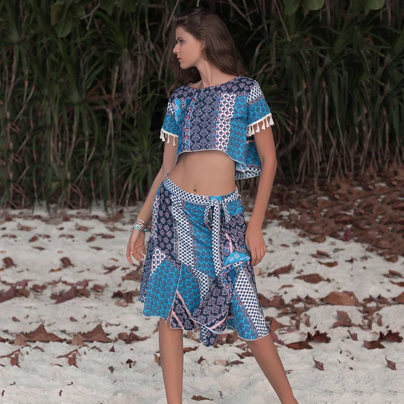 

BellFlower Boho Floral Print O-Neck Two Piece Set Women Tassel Ruffles Loose Summer Skirt Set 2019 Elegant Beach Skirt Set