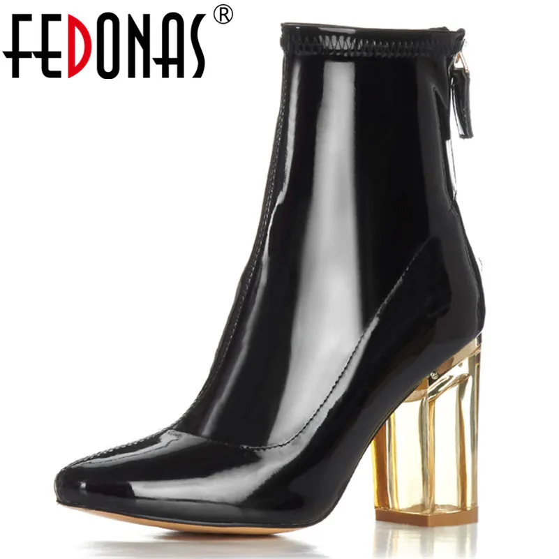 

FEDONAS Brand Patent Leather Ankle Boots Crystarl High Heeled Wedding Party Prom Shoes Woman Punk Short Motorcycle Boots Pumps