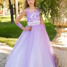 Мода Scoop шеи Тюль Аппликации Топы Платье в цветочек для девочек пол Длина Линия Пром платье для Свадебная вечеринка Pageant индивидуальный заказ