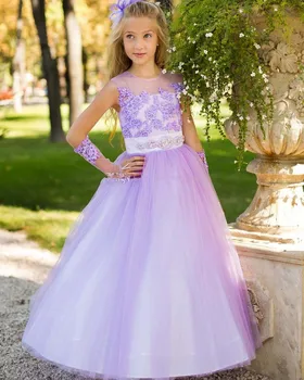 

Fashion Scoop Neck Tulle Appliques Tops Flower Girls Dresses Floor Length A Line Prom Gown for Wedding Party Pageant Custom Made