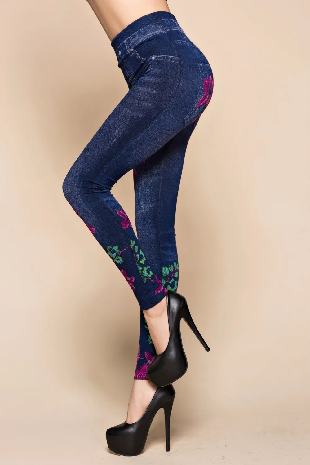 Fashion Slim Women Spring Summer Leggings Faux Denim Jeans Leggings Long Floral Printing Casual Pencil Pants Thin Fleece Inside white leggings