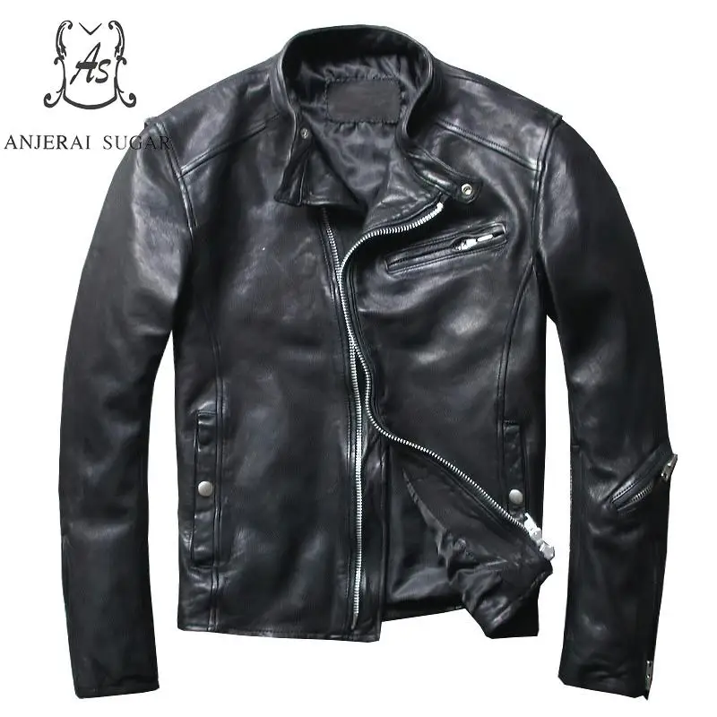 Плюс размер подлинный Топ куртка из коровьей кожи мужские черные винтажный воротник-стойка карманные S-4XL короткие мотоциклетные