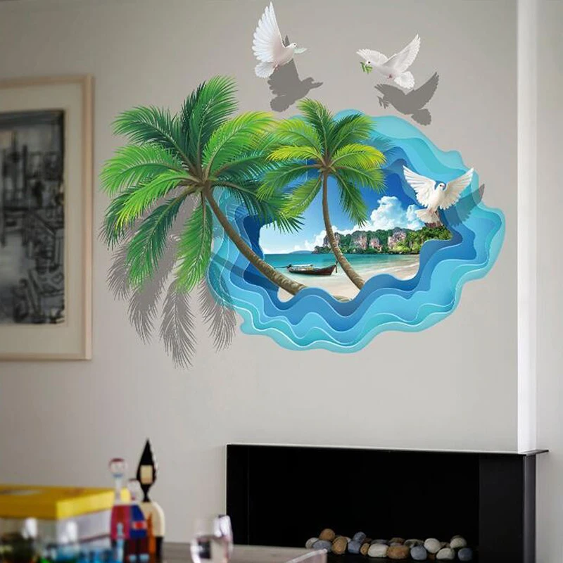 Красочные Пальма стены наклейки home decor 3D Ocean настенные панно для гостиной Cute Birds Наклейки на стены