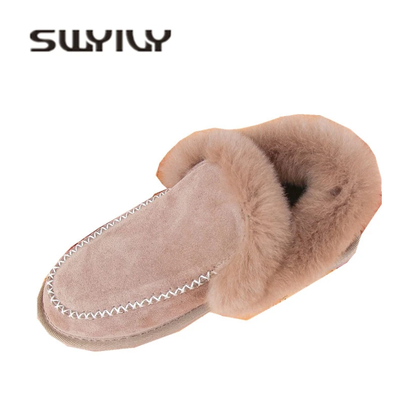 SWYIVY Cow Hide Leather Woman Snow Boots Shoes Slip On 2018 Velvet Warm Fur Female Casual Shoes Lady Cotton Padded Snow Boots