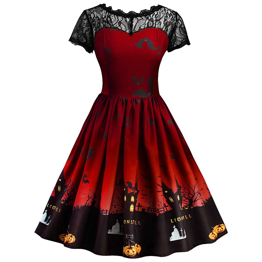 Jaycosin женское кружевное лоскутное платье на Хэллоуин для дам, круглый вырез, короткий рукав, летнее платье, тыква, Свинг, Vestidos De Festa