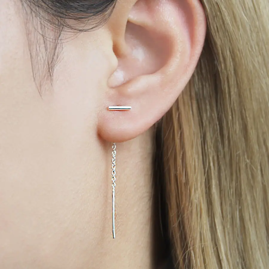 

925 Solid Sterling Silver Simple Tiny Bar Threader Line Thread Earrings A1632