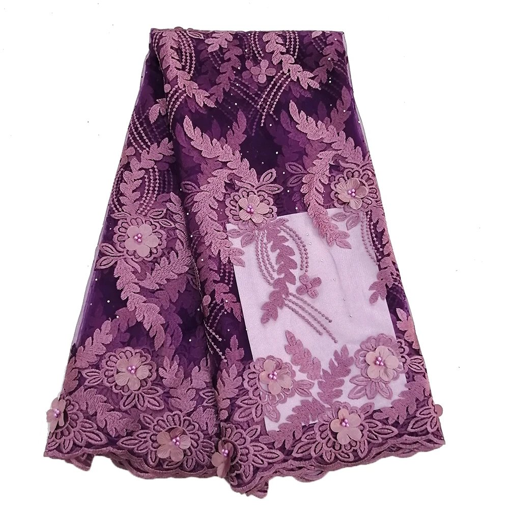 

Onion Purple Nigerian Lace Fabric 2019 High Quality Lace 3d French Bridal Beads Lace Fabric For African Lace Matrial 5yards