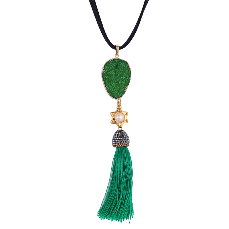 Beste Unieke Natuursteen Druzy Hanger Groene Kristal Zoetwater Parel Ster Hollow Out Lange Tassel Ketting Lederen Touw Ketting Chakra