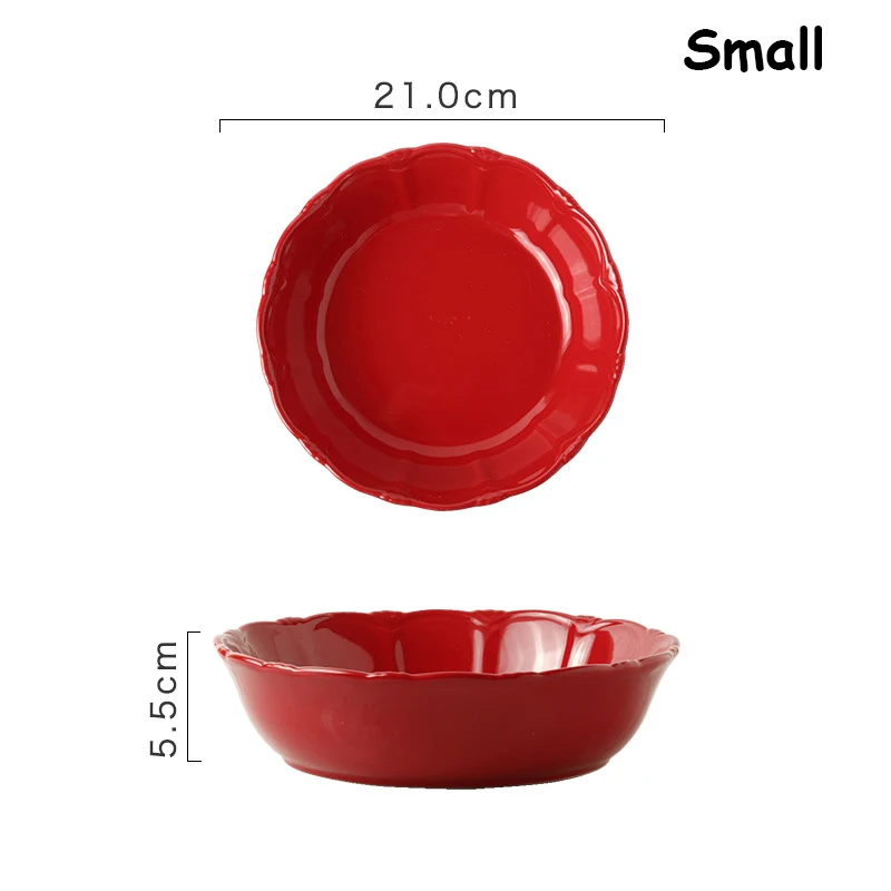 Ceramic Plate Round Tray Red Dish Platos Christmas Plate Griddle Pizza Plate Heat Resistant Soup Tray Delicate Tableware 1pcs - Color: Small