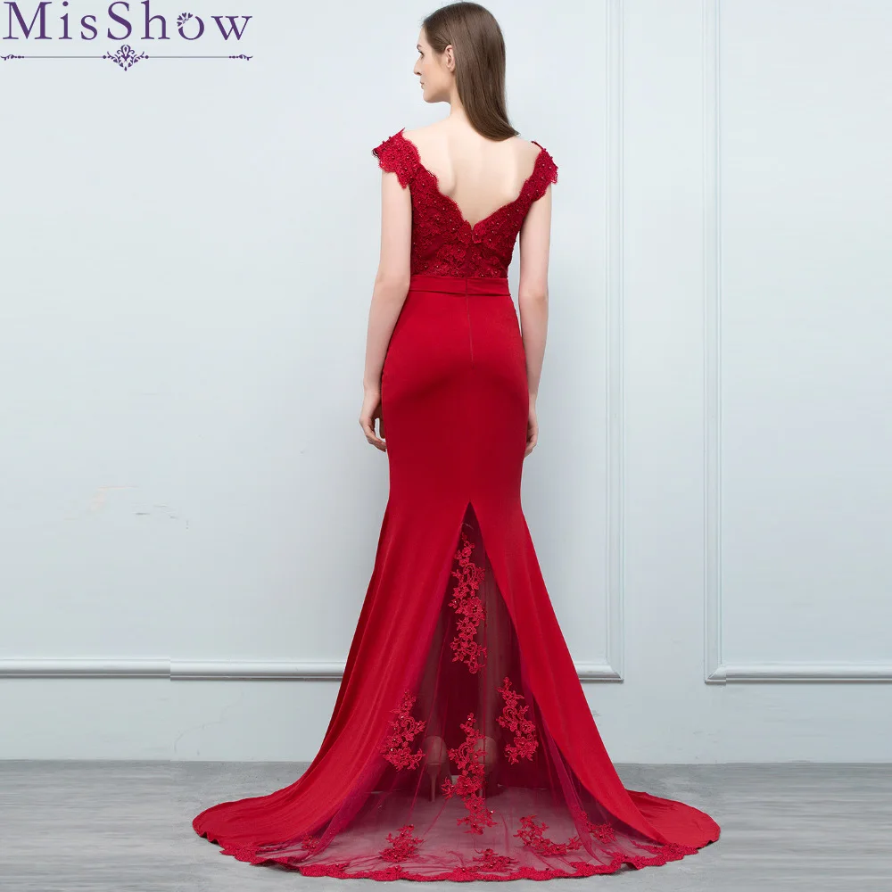 

Burgundy Lace Mermaid Prom Dresses Long 2018] Fashion Sweep Train Sexy Satin Trumpet V-Neck Elegant Prom Dresses Party Gown