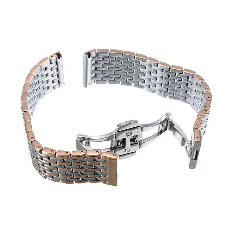 20 22mm Stainless Steel Wrist Watch Band Strap Silver Rose Gold Double Butterfly Clasp Buckle Bracelet For Men Women Relojes