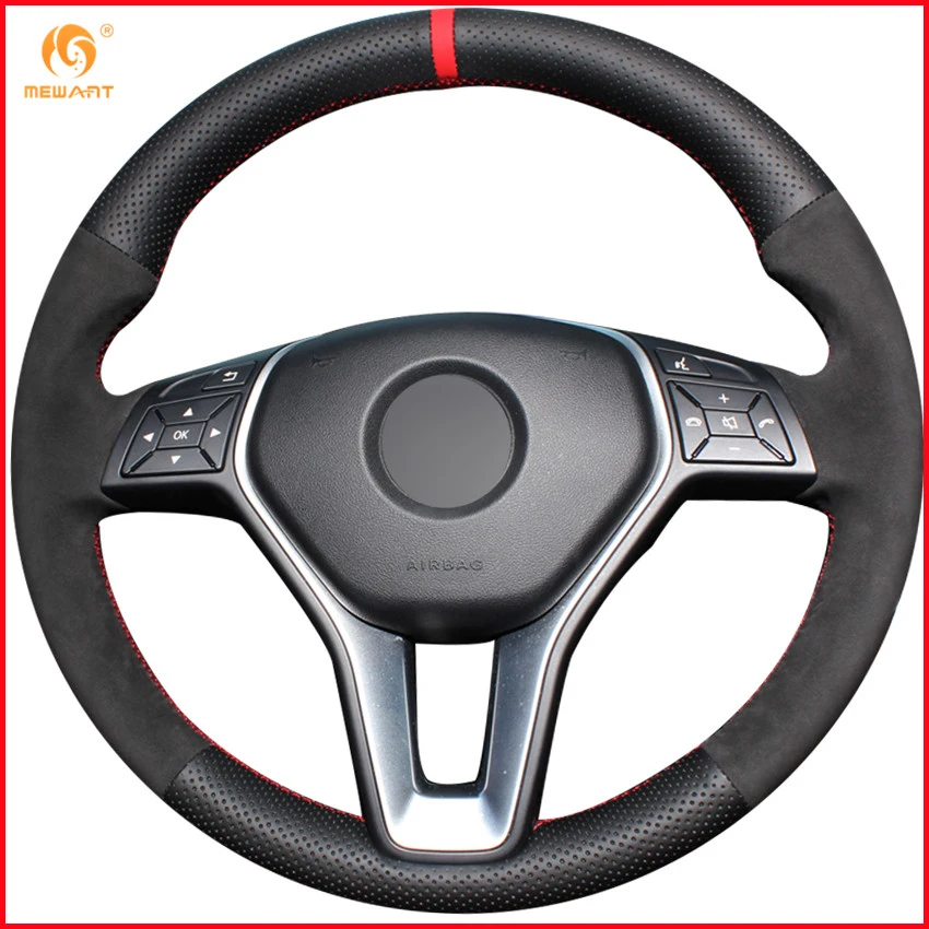 MEWANT Black Genuine Leather Black Suede Steering Wheel Cover for