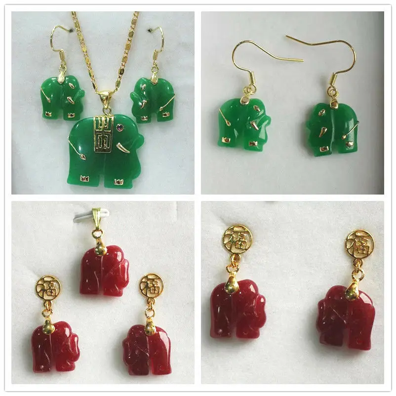 

Natural Green Jade/Red Jade Carved Elephant Pendant Necklace Earrings Set