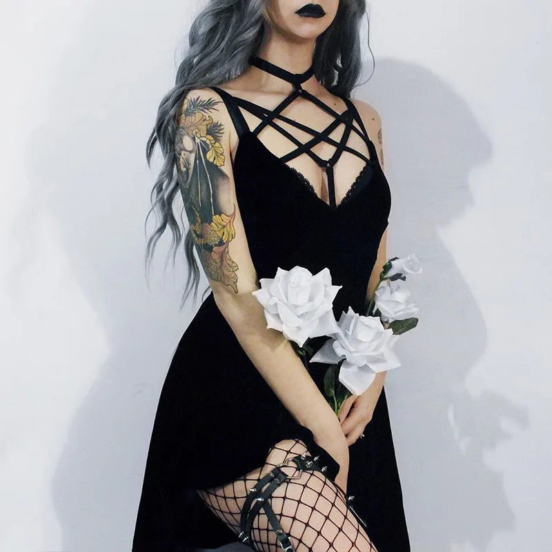 

Women Summer Dress Punk Dress Long Hollow Out Sexy Bandage Sleeveless Dresses Plus Show thin Cosplay Cartoon clothing