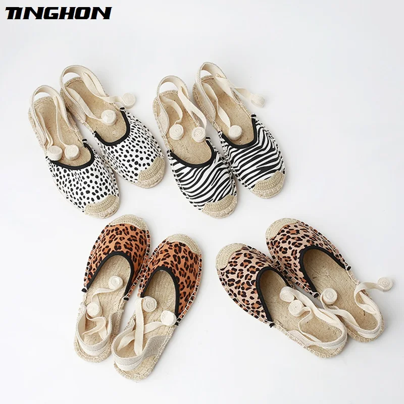 

TINGHON New Summer Women Espadrilles Ankle Strap Platform Sandals Leopard Zebra Lace up Women Flat Sandals 35-43