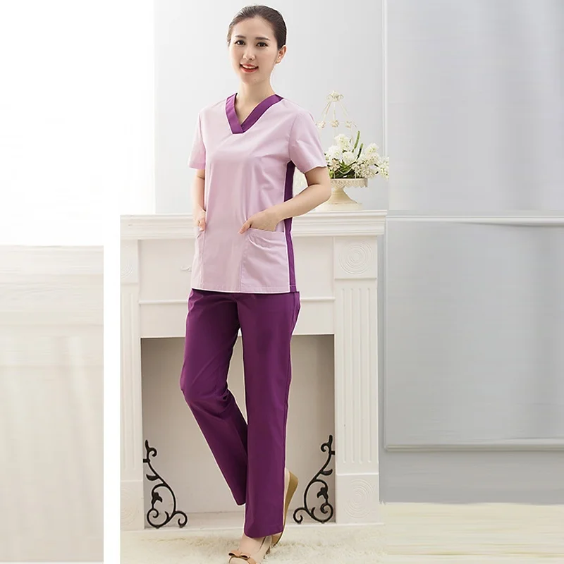 Women's Fashion Medical Scrubs Color Blocking Nursing Uniforms (Choose Scrub TOP/Pants/Whole Set) Pure Cotton Surgery Scrubs