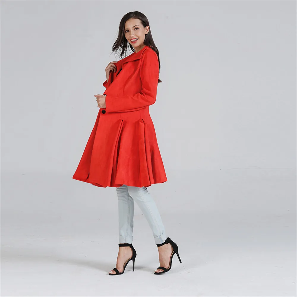 Winter Thick Red Coat For Women Single Breasted Large Swing Coat Long Slim Casual Button Wool Coat Outerwear Skirt Style Coats (9)