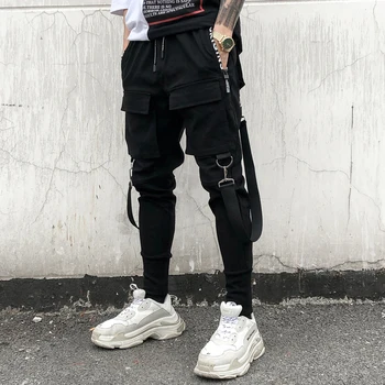 

New personality punk hiphop harem pants nightclub singer stage costume trousers men hip hop ribbons cargo joggers streetwear