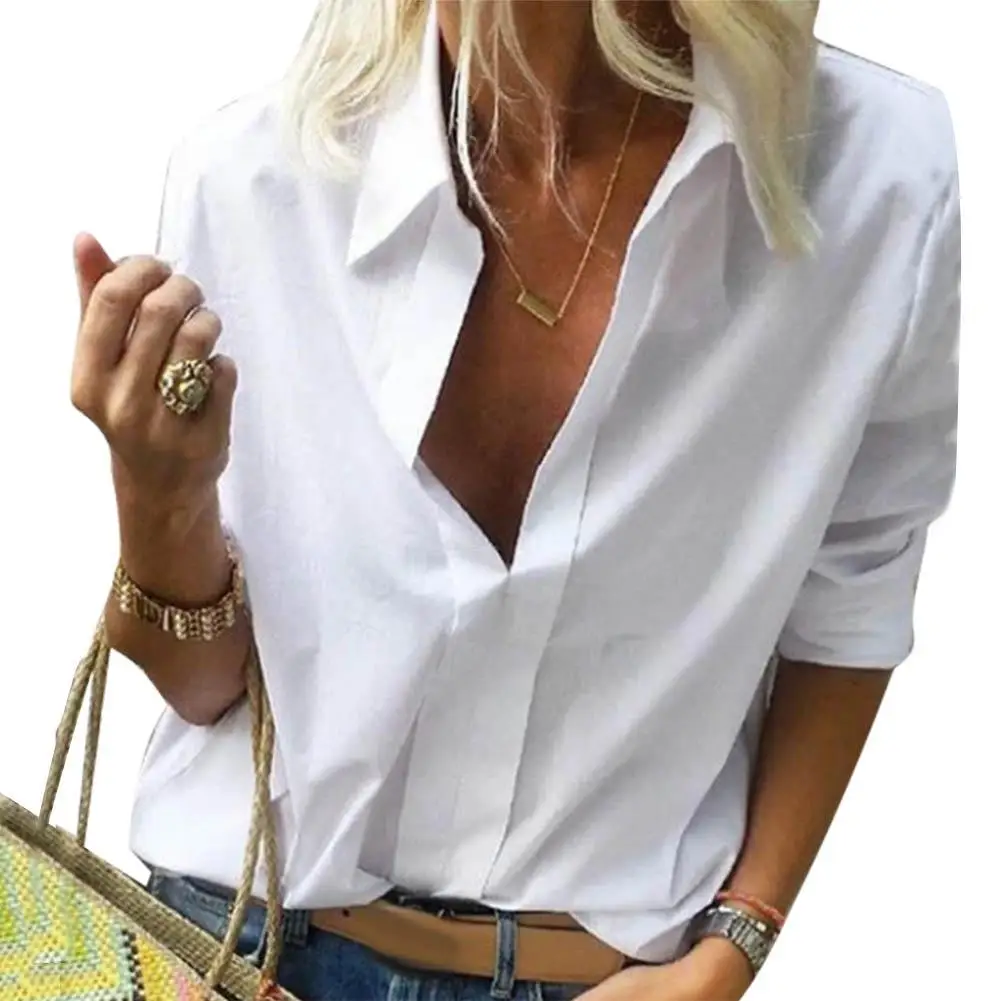 

FashionPlus Size Solid Color Women Turn Down Collar V Neck Long Sleeve Shirt Blouse