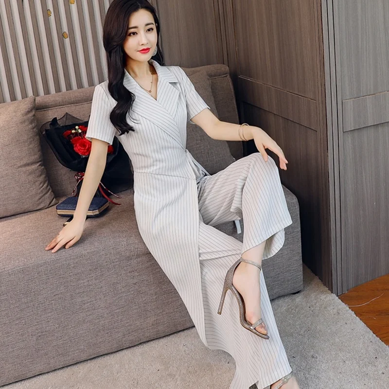 Zomer Gestreepte Jumpsuit 2019 Korte Mouwen Wijde Pijpen Broek Lape Office Business Dames Elegante Jumpsuits Voor Vrouwen 2019 DD2071